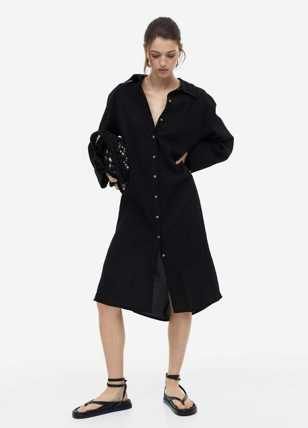 Черное кэжуал креповое платье-рубашка H&M однотонное