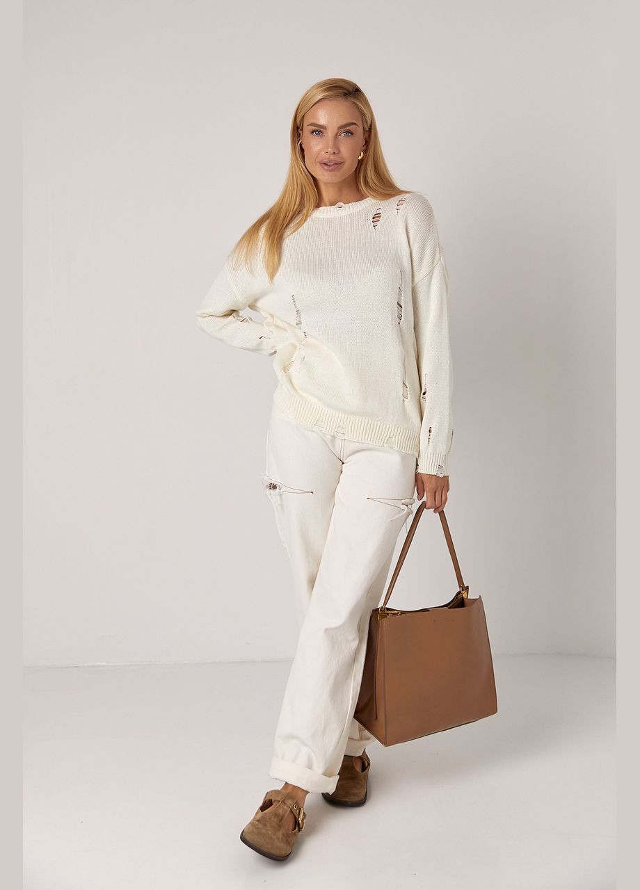 Молочный демисезонный женский рваный джемпер Lurex