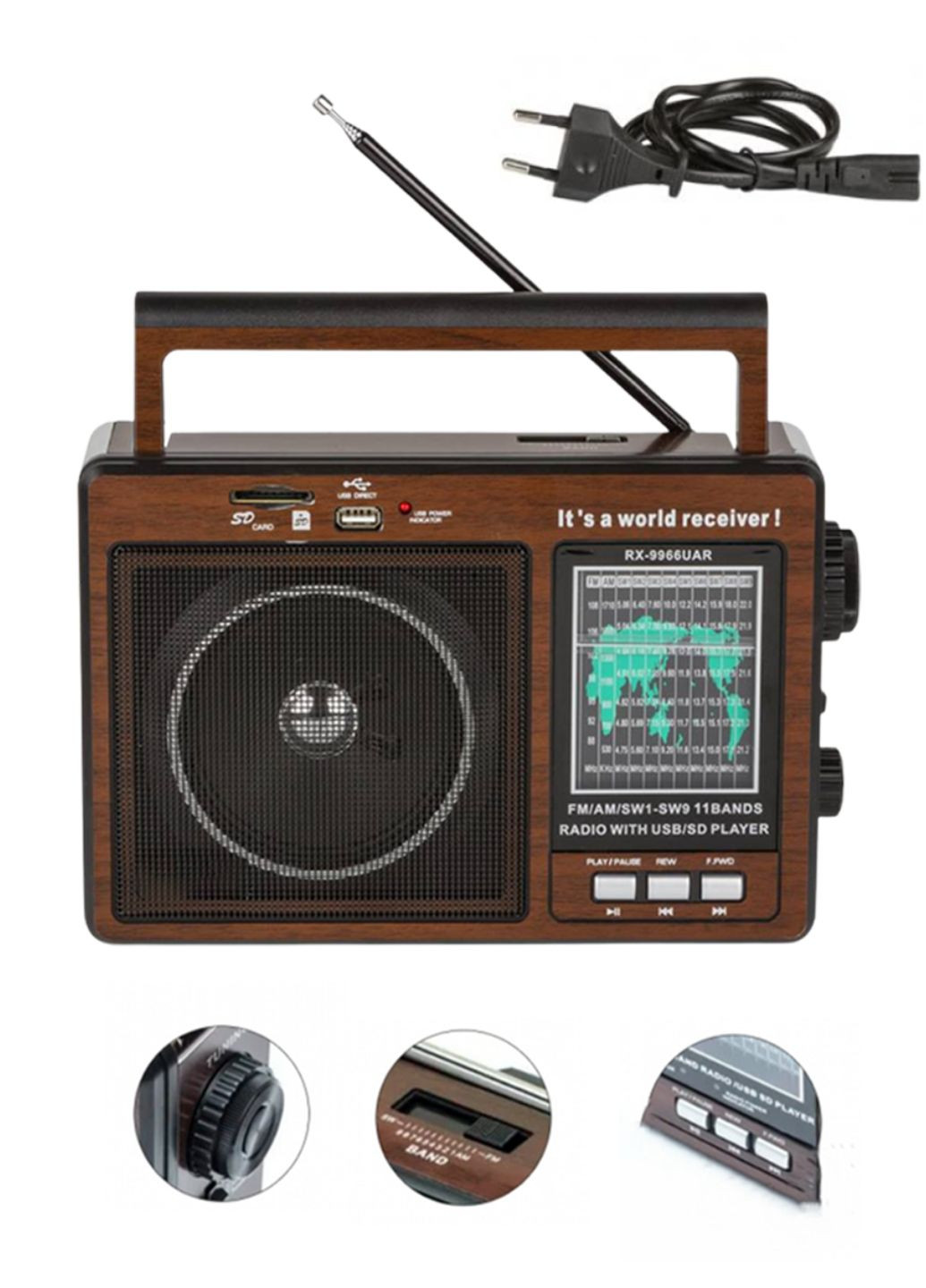 Портативный радиоприемник AM/FM/SW1-SW9 и MP3 работа от сети и аккумулятора с USB, SD, MICRO SD Tik-Tak (362297952)