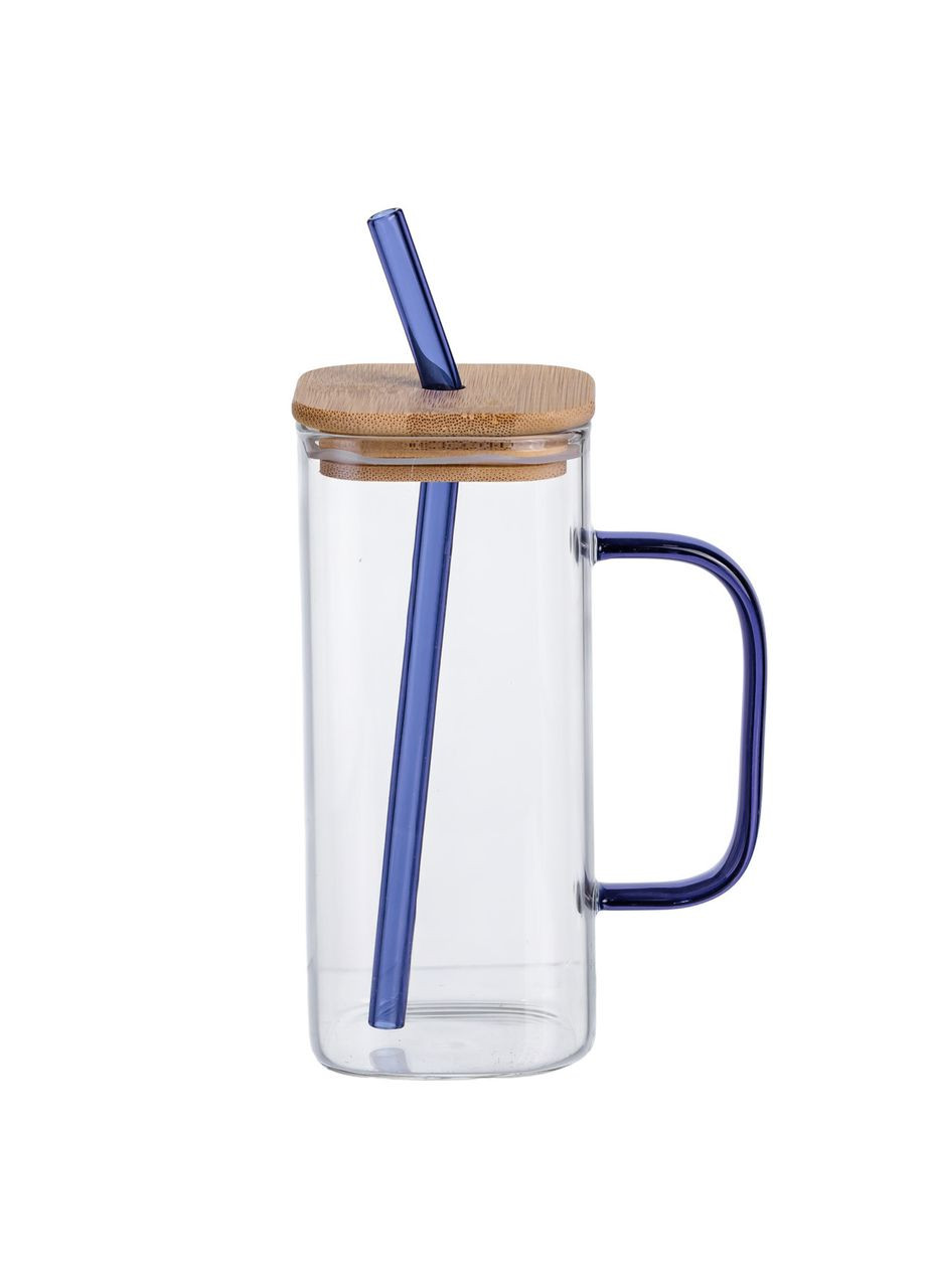 Чашка стеклянная 400 мл с бамбуковой крышкой и синей трубочкой HP-19-146BL Yiwu (370269264)