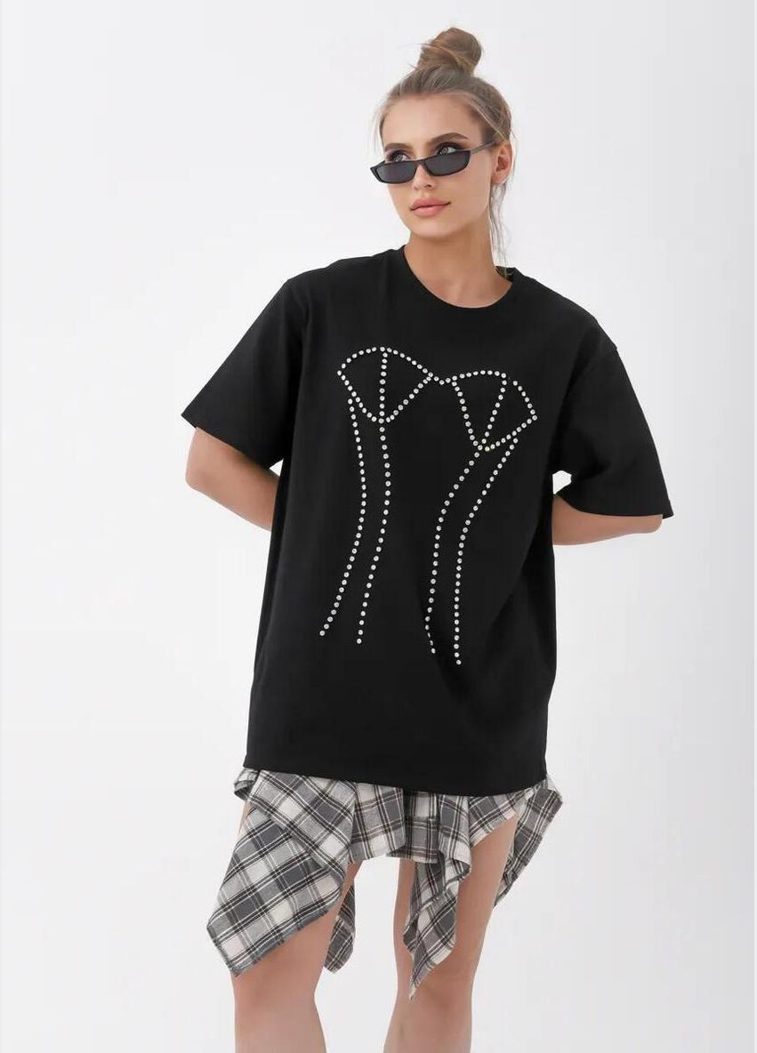 Женская оверсайз футболка с оригинальным рисунком со стразами стильные футболки свободного кроя для женщин oversize Cindylove - (331346105)