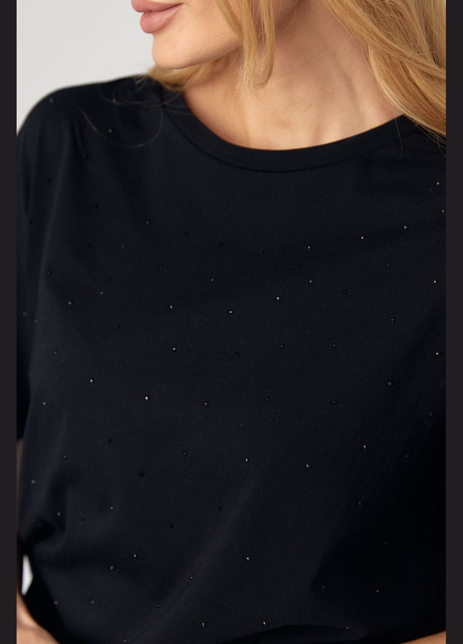 Черная летняя женская футболка с термостразами - черный Lurex