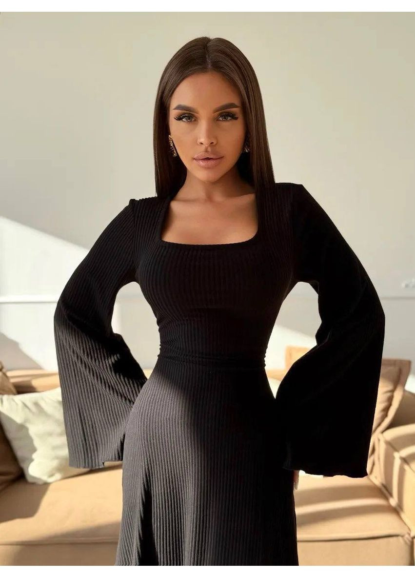 Чорна коктейльна тепла ангорова сукня в рубчик замір в описі DK/DL Мода без кордонів однотонна