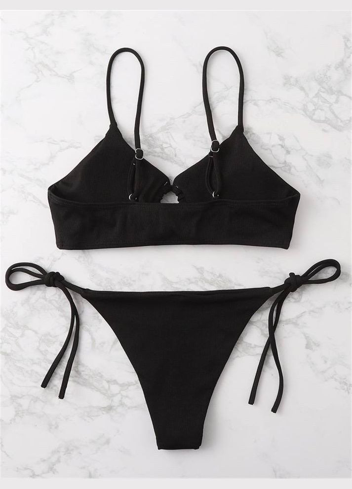 Черный летний раздельный женский купальник в рубчик с завязками на лифе и плавках ribana черный No Brand