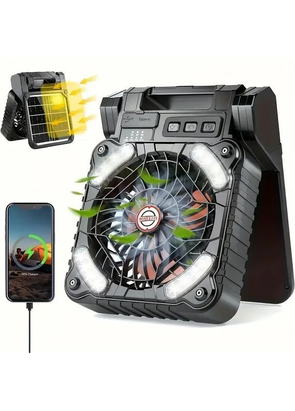 Портативный вентилятор для кемпинга с аккумулятором 5200 MAh, солнечной зарядкой, LED-фонарем и функцией No Brand (365721708)