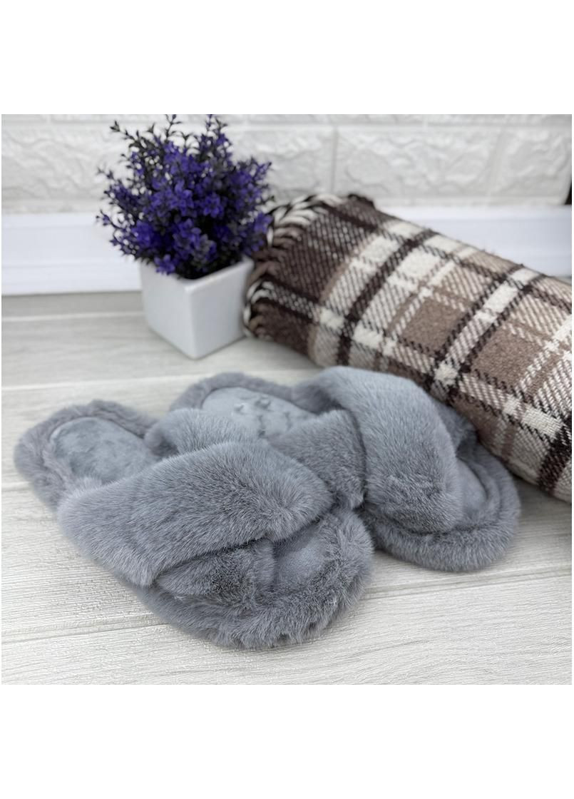 Серые домашнi тапочки жiночi хутрянi е-007475-5 сiрi Sanlin