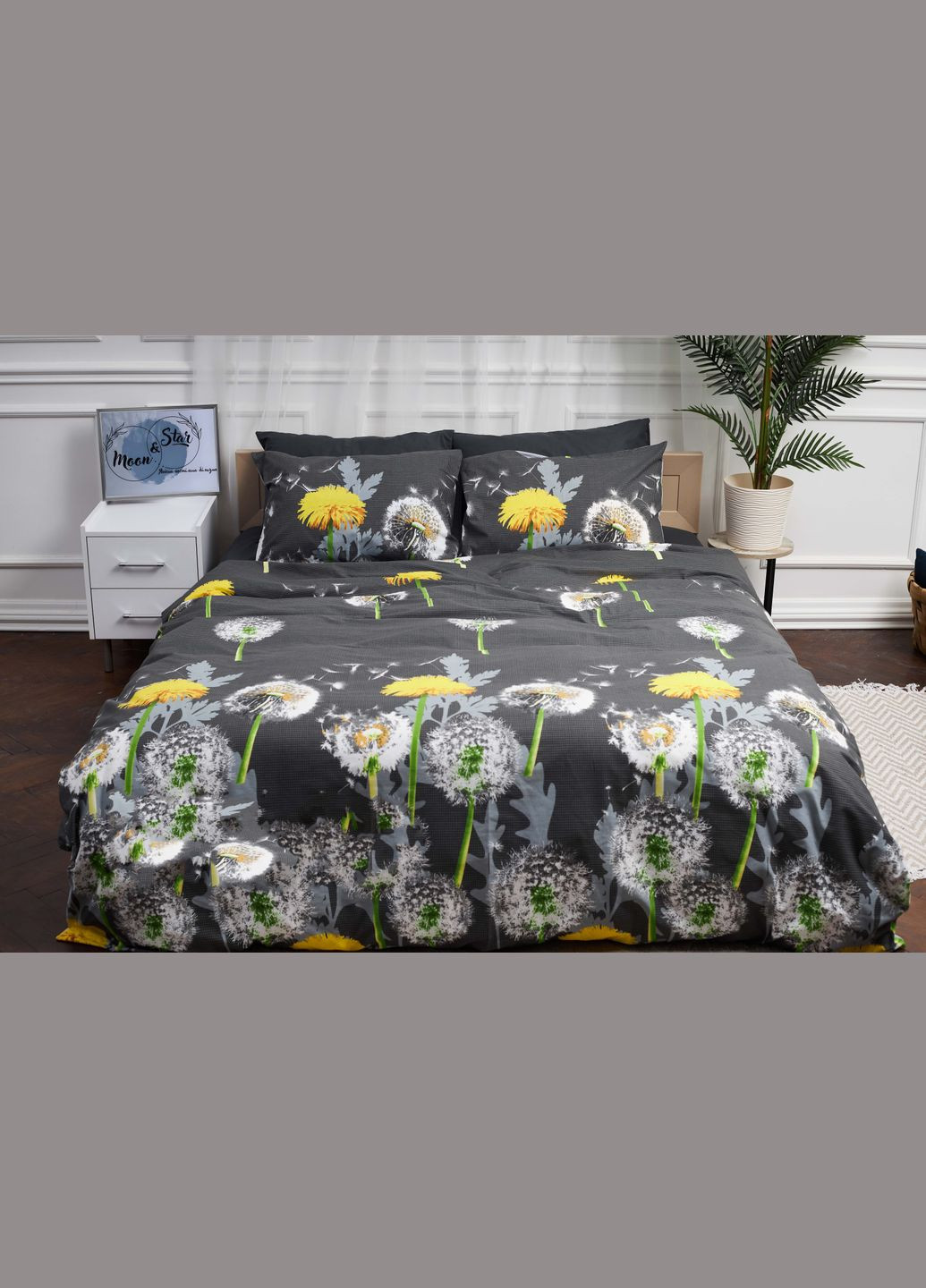 Комплект постільної білизни двоспальний 175х210 наволочки 4х50х70 Бязь Gold Люкс (MS-820000913) Moon&Star Dandelion Black (285716996)