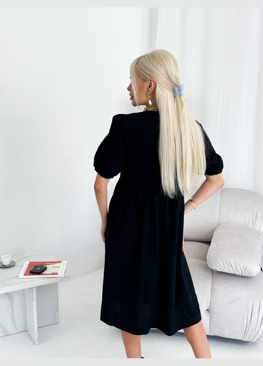 Чорна повсякденний, святковий жіноча літня льняна сукня міді оверсайз Style Point однотонна