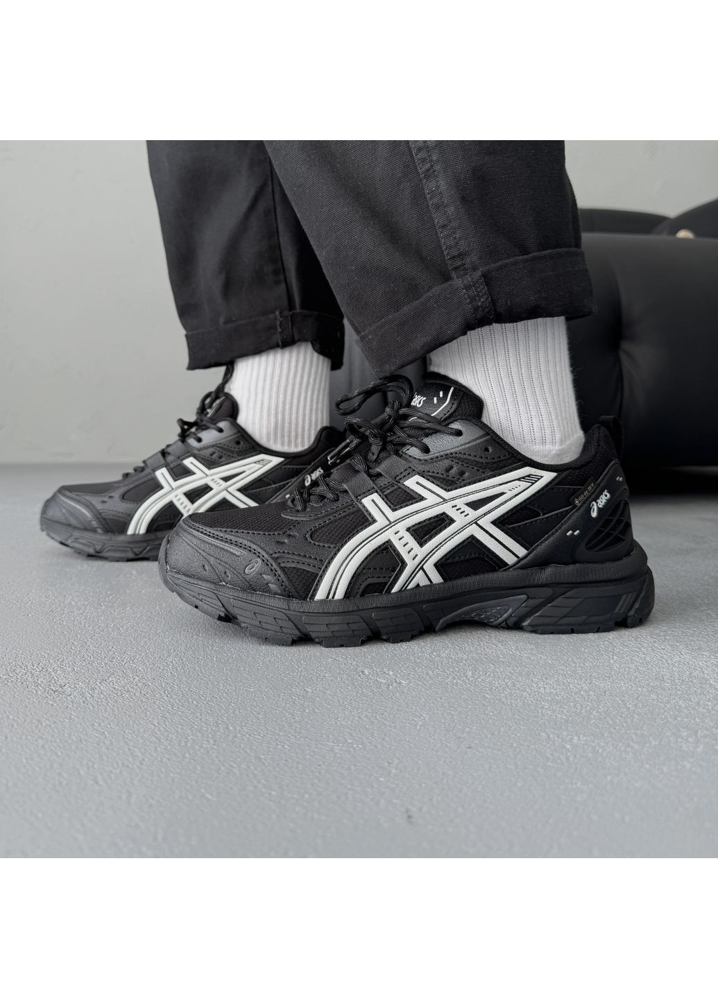 Чорно-білі Осінні кросівки чоловічі Asics Gel-Nunobiki Black White Gore-Tex | Асікс Гель-Нунобіки