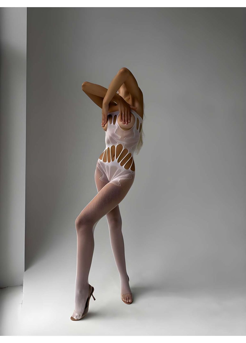 Білий демісезонний жіночий еротичний білий бодістокінг сітка на все тіло з доступом No Brand