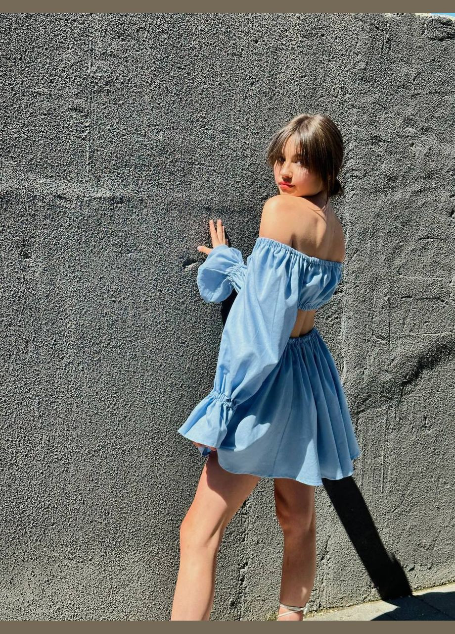 Блакитна коротка блакитна літня сукня з відкритою спиною з якісного турецького льону, сукня з довгим рукавом та відкритим декольте No Brand