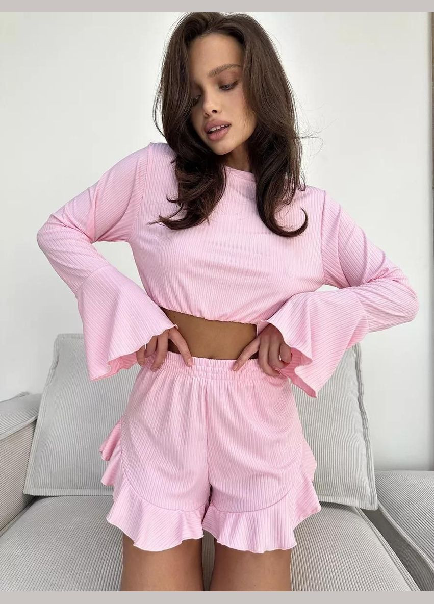 Розовая всесезон пижама женская в рубчик зефирка топ с рукавами шортики топ + шорты No Brand Піжамний комплект Зефірка