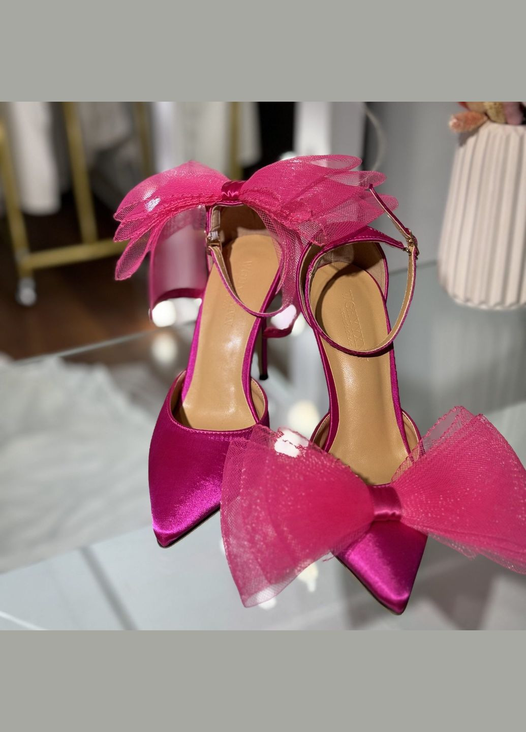 No Brand Святкові жіночі туфлі фуксія, рожеві з шифоновими бантами - Рожевий колір рожевий з текстиль, — літо (322414672)
