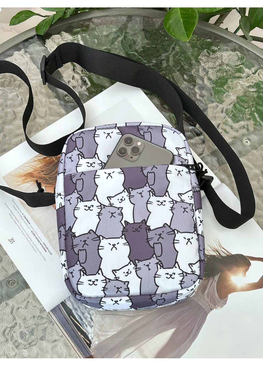 Сумка через плечо для девушки с котиками вертикальная серая No Brand (350613662)