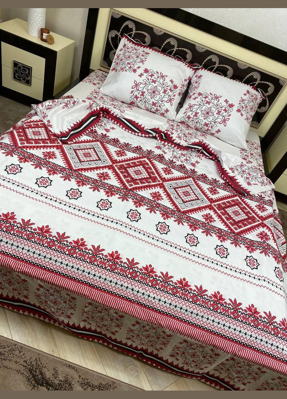 Постільна білизна бавовна з візерунком Двоспальний Білий з червоним (П4К-Post-ukr-01-02) No Brand (308754402)