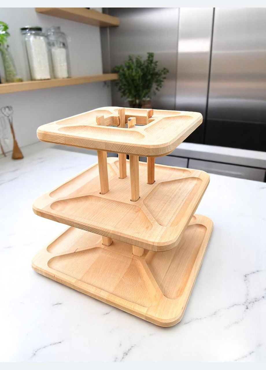 Деревянный универсальный трехъярусный столик из Бука 32x32x3 шт. Трех Ярусная монашественница Разборная №1 No Brand (332210346)