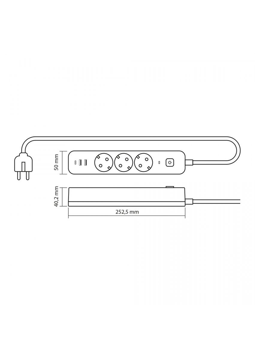 Сетевой удлинитель 3 м 3 гнезда с 2USB+USBC заземлением и кнопкой VF-PD33G2U1C-W Videx (282312809)