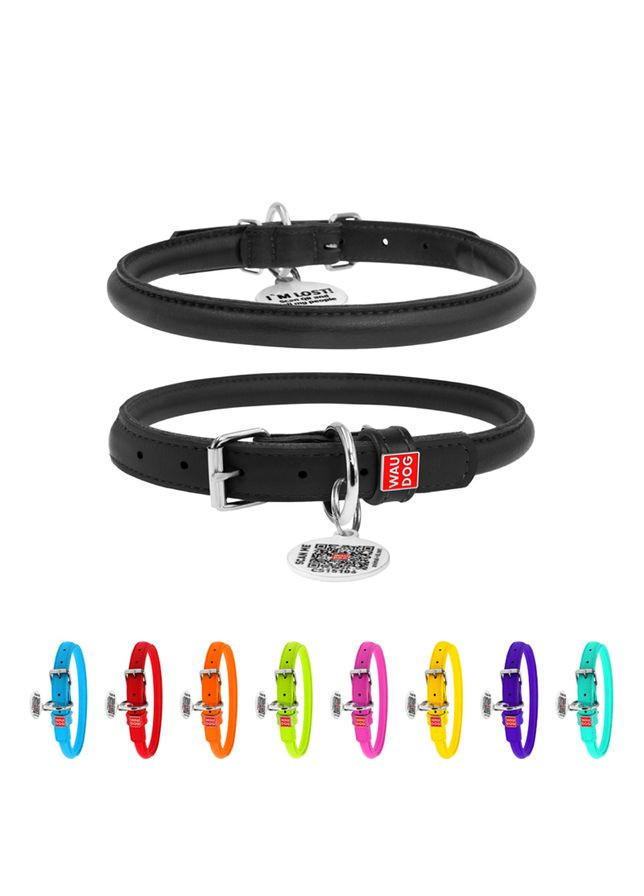 Нашийник для собак шкіряний Glamour з QR паспортом, круглий, Д 13 мм, Дов 45-53 см чорний WAUDOG (322002580)