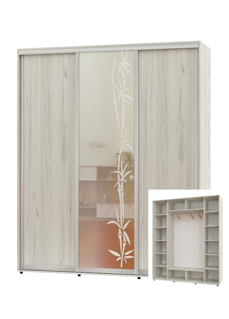 Шафа-купе тридверна 200*60*250 Дуб крафт білий 2 ДСП/Дзеркало з піскострумним малюнком ШК-05 Алекса (360472270)