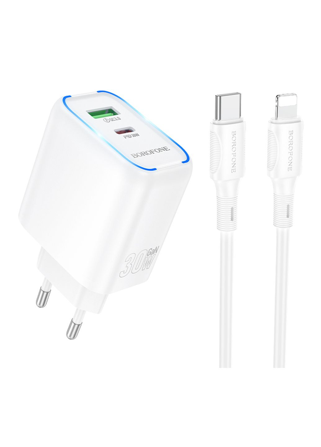 Мережевий Зарядний Пристрій BA89A 1USB-C/1USB PD/QC 30W+Type-C to Lightning Бiлий Borofone (337993719)