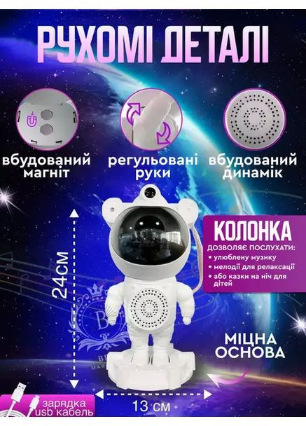 Ночник-проектор звездного неба Астронавт 24см с пультом и Bluetooth колонкой No Brand Astronaut Galaxy Projector (370766455)