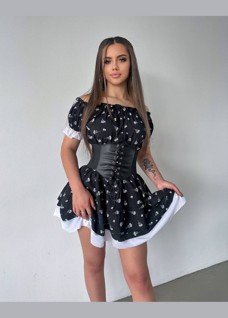 Чорно-білий легка жіноча сукня з корсетом у комплекті No Brand з квітковим принтом