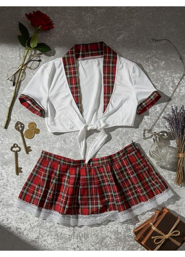 Комбинированный демисезонный эротический костюм школьница студентка для ролевых игр сексуальный комплект sexy one size s/m бело-красный (3-67) No Brand