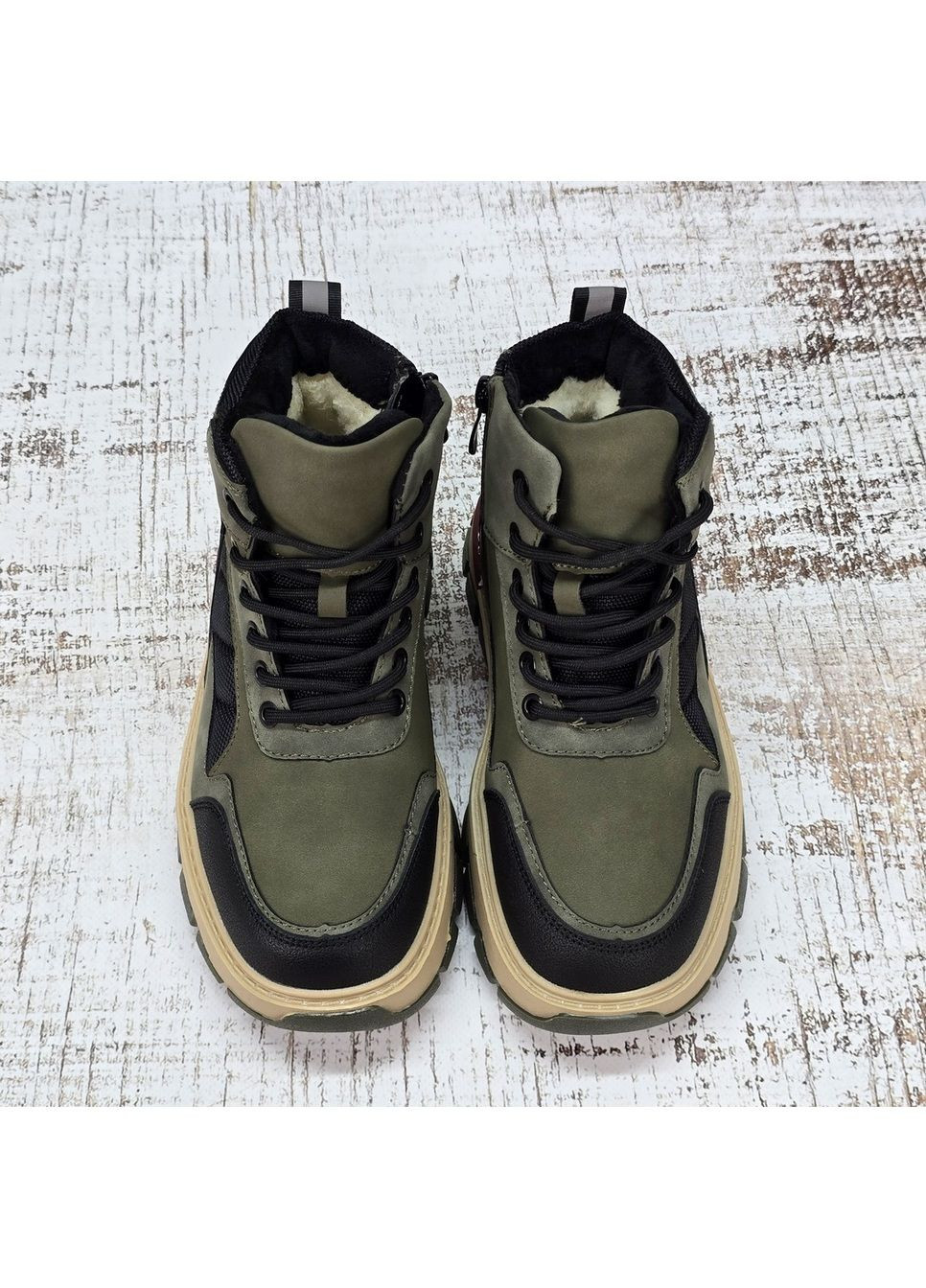 Хаки повседневные зимние ботинки зимние подростковые для мальчика хаки с черным Paliament