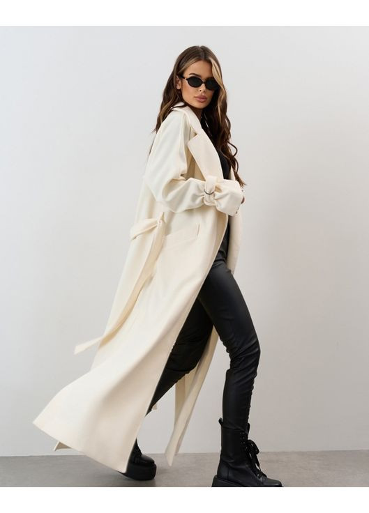 Молочне демісезонне Довге кашемірове пальто із розрізами оверсайз ISSA PLUS