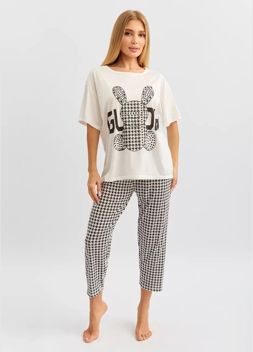 Белая пижама женская тройка ночная с штанами шортами и рубашка пижамы женские с брюками для девушек 3 в 1 с принтом футболка + шорты + брюки No Brand