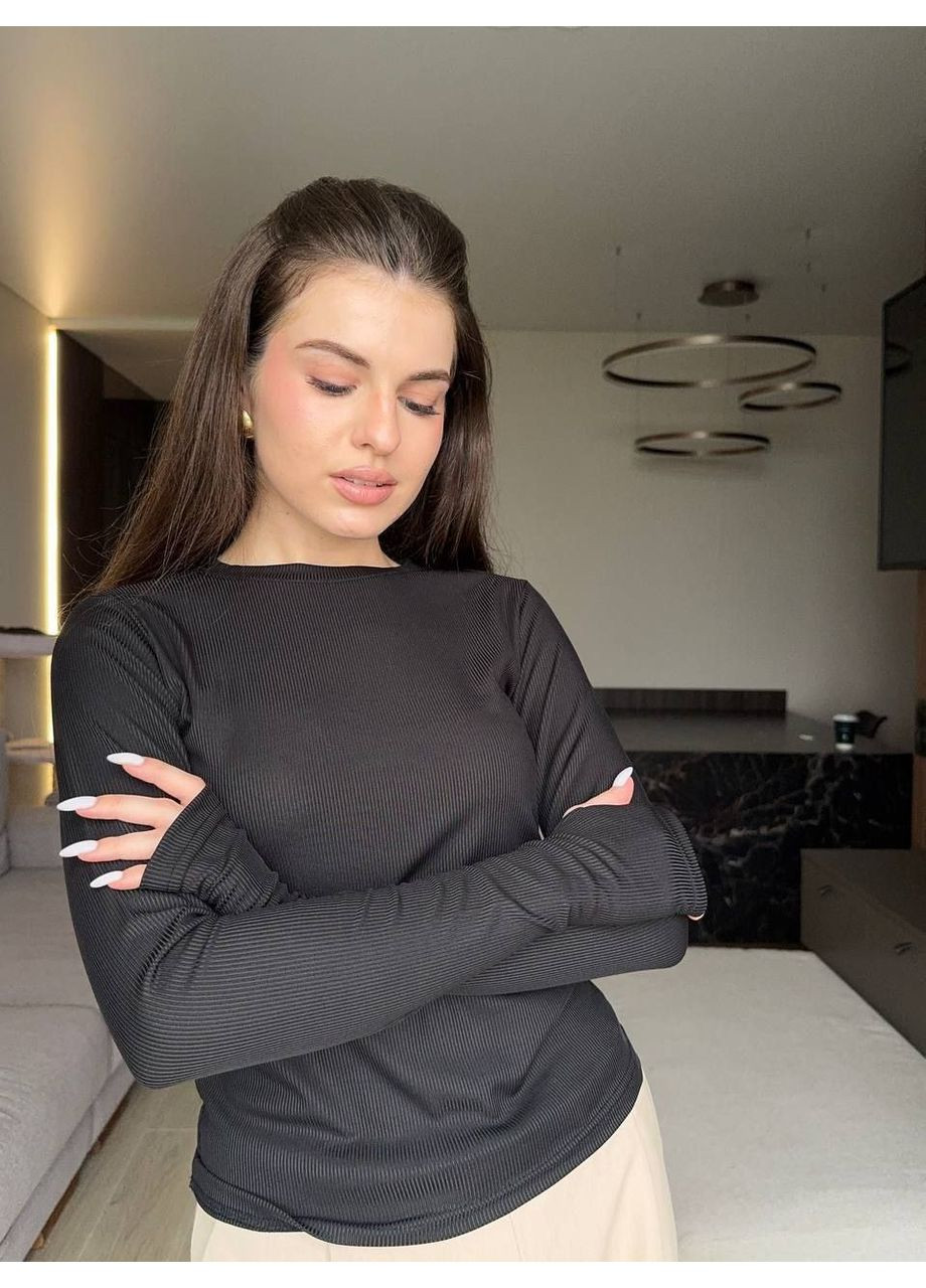Женский лонгслив рубчик с вырезом для пальчика черный You Best (358932382)