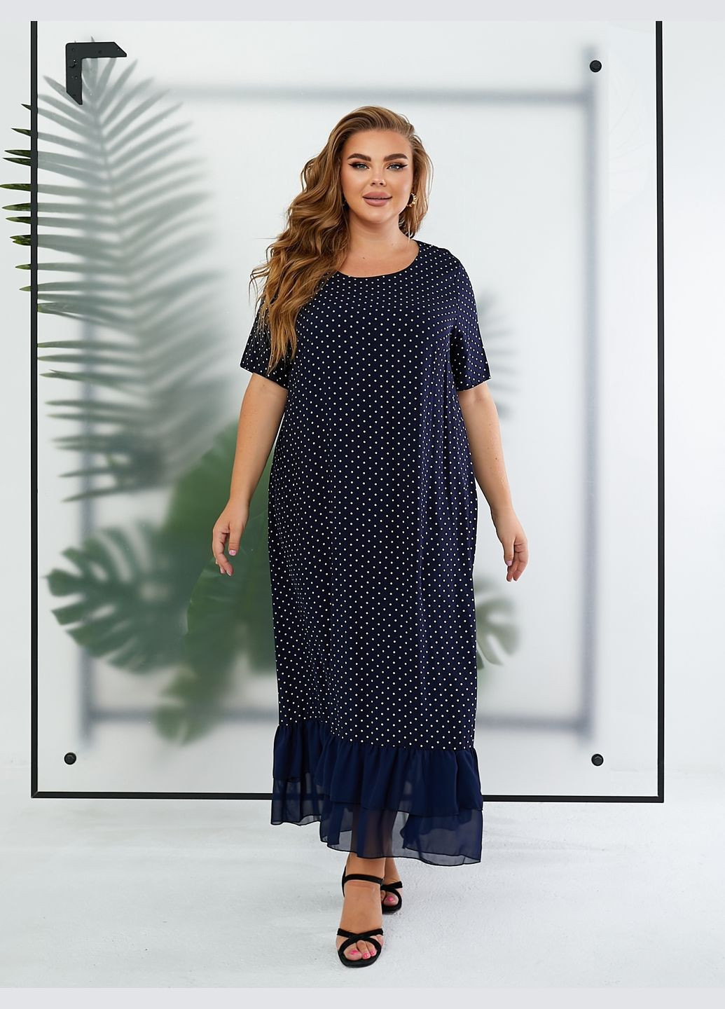Темно-синее повседневный платье макси с воланом а-силуэт No Brand в горошек