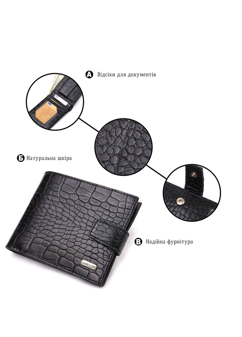 Зручний чоловічий гаманець із натуральної фактурної шкіри з тисненням під крокодила чорний 21790 Canpellini (329198216)