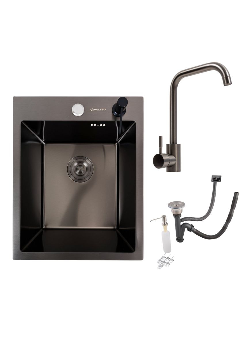 Кухонний комплект: Мийка Handmade (40x50 см) PVD чорна + Змішувач FC-5 PVD чорний Valeso (346267283)
