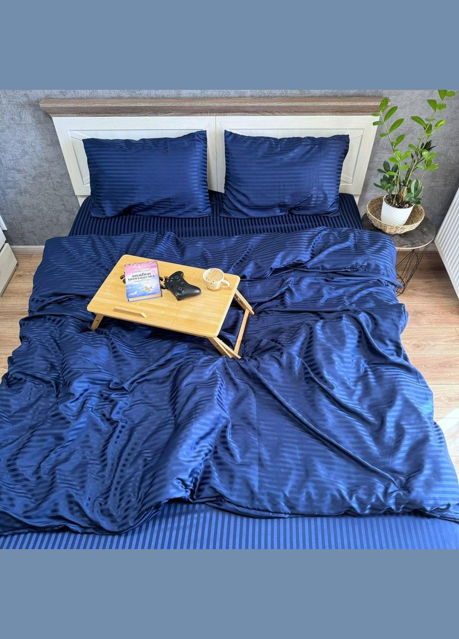 Постельное белье в Полоску Страйп сатин полисатин Двуспальное Простынь на резинке 160x200х20 Синее 70 х 70 No Brand (295261400)