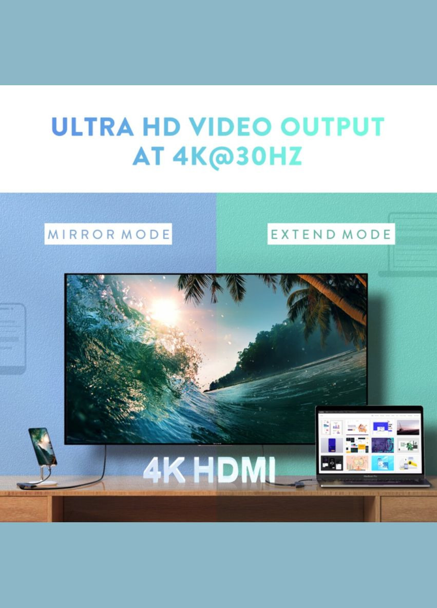 Хаб USBC to 2 Ports USB3.0-A Hub + HDMI + TF/SD with PD Power Supply (Space Gray) Ugreen (315143928)