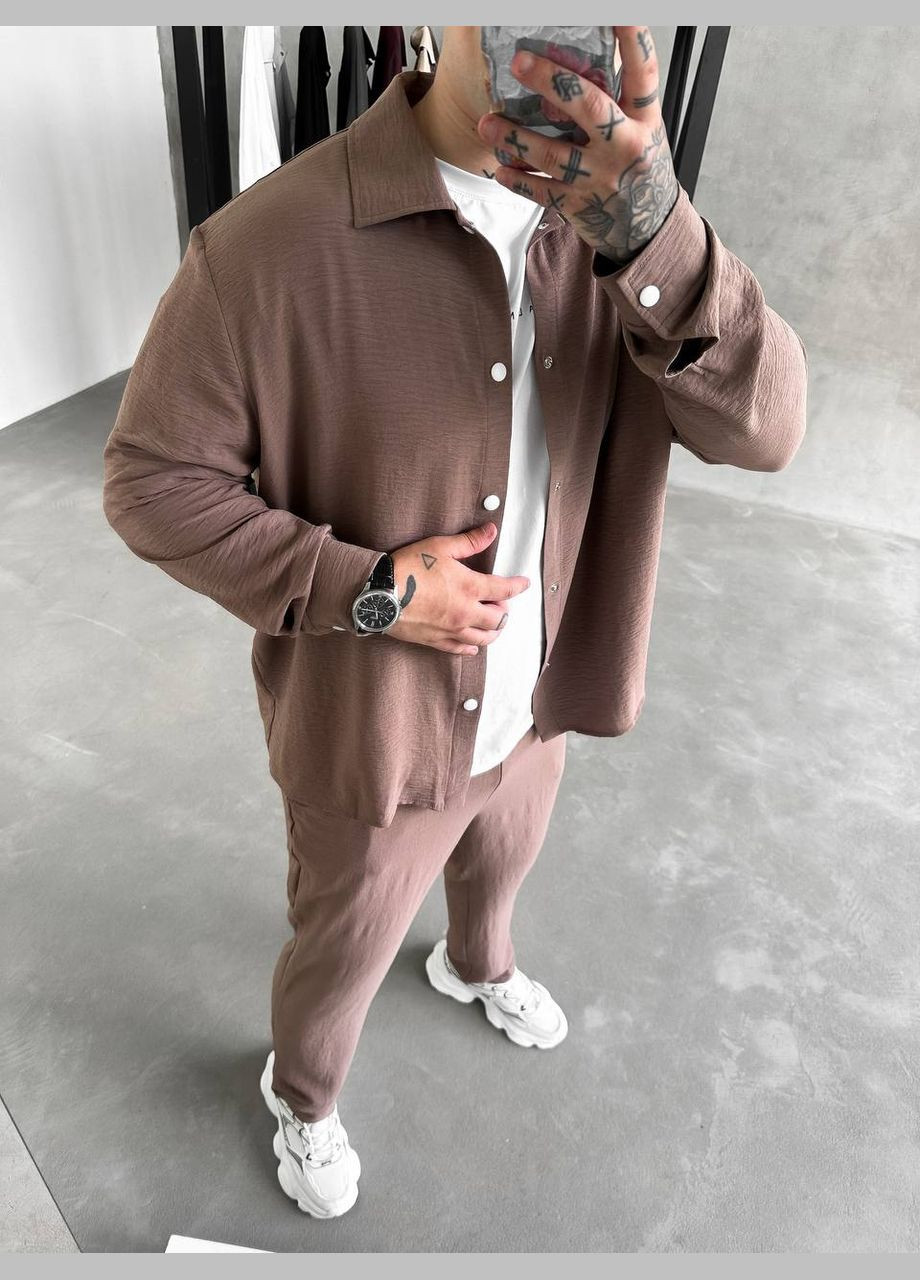 Темно-бежевый летний костюм: брюки и рубашка из легкого дышащего материала с рубашкой, брючный Україна