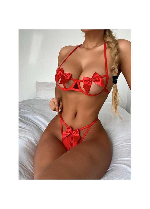 Червоний демісезонний еротичний комплект з бантиками s/m трусики та бюстгальтер No Brand