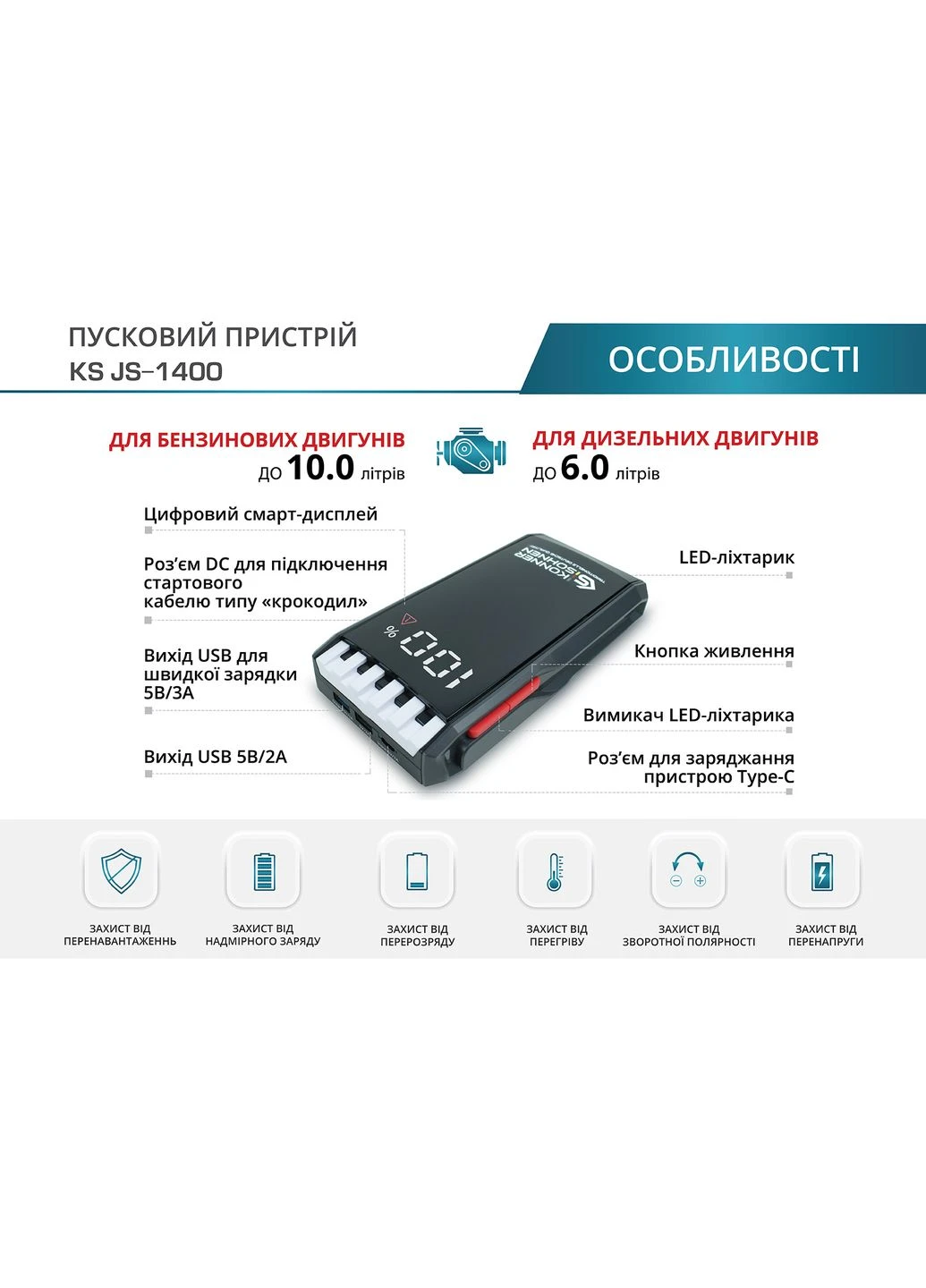 Пусковий пристрій для автомобілів KS JS-1400 18000 mAh Konner&Sohnen (390401645)