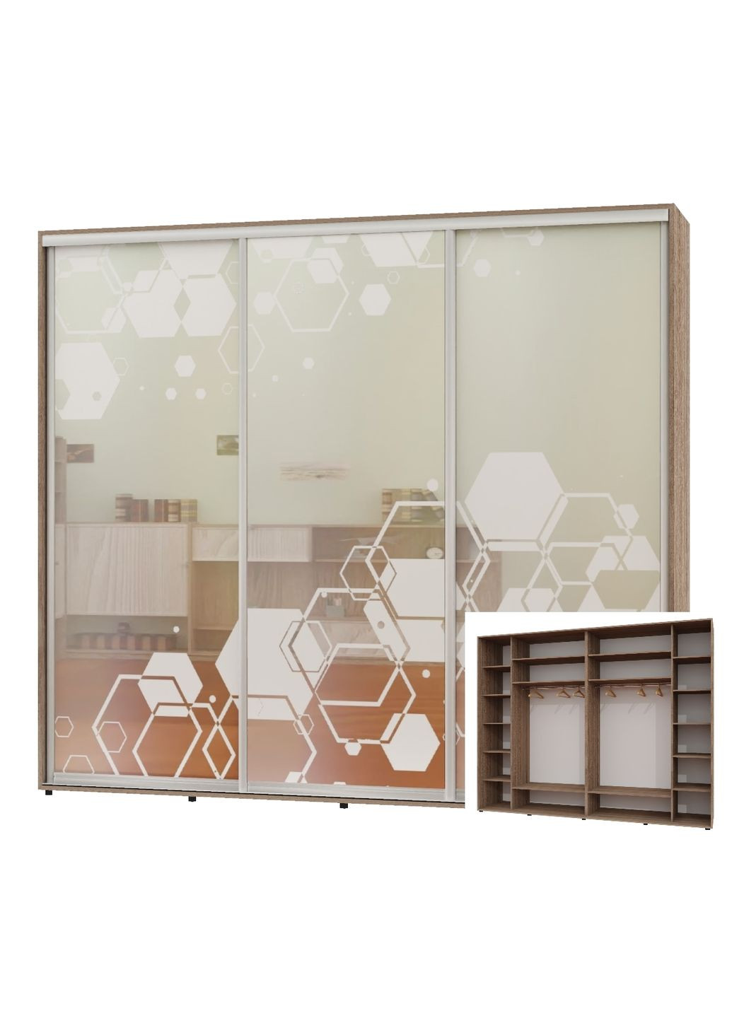 Шкаф-купе трехдверный 290*60*230 Дуб Сонома трюфель Зеркало с пескоструйным рисунком Люкс-149 Алекса (360478748)