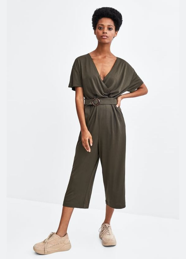 Комбінезон на запах із поясом кольору хакі Zara комбінезон-брюки хакі віскоза