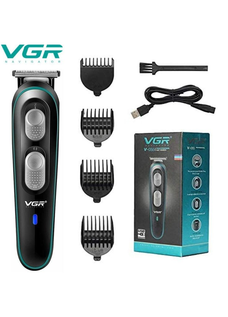 Професійна машинка для стриження волосся й бороди акумуляторна бездротова з насадками 3,6,9, 12 мм V-055 Чорна VGR (324066611)