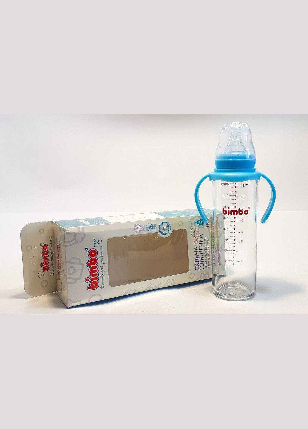Бутылочка для кормления стеклянная, с ручкой и соской, жаростойкая, 240мл,, голубая Bimbo (316319028)