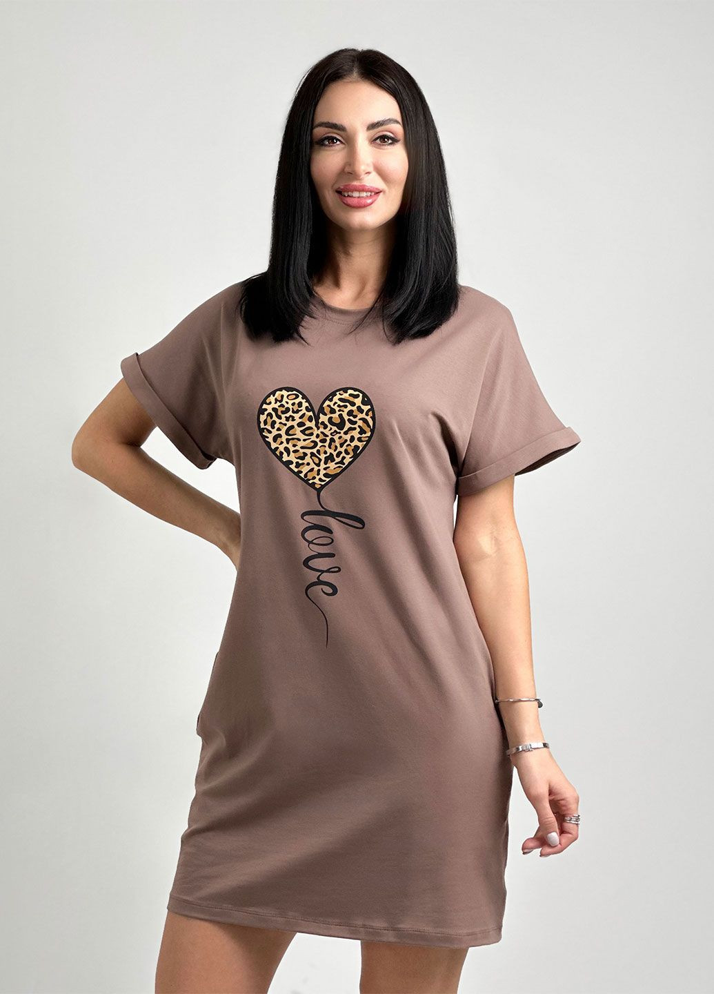 Кофейное женское платье с рисунком платье-футболка Fashion Girl с рисунком