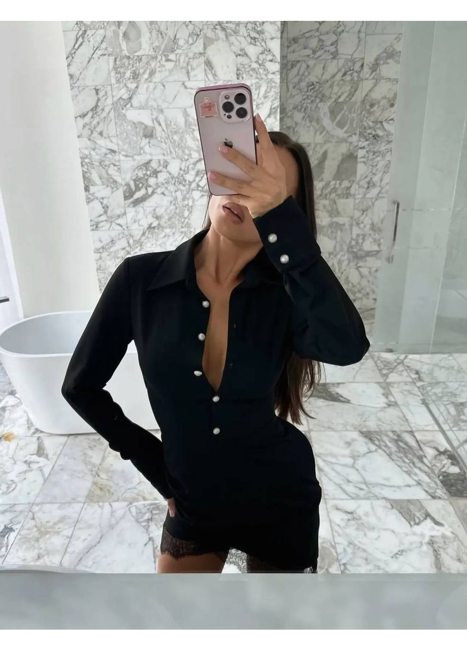 Чорна святковий витончена сукня з акцентним мереживом із костюмної тканини — заміри в описі силуетна Vione однотонна