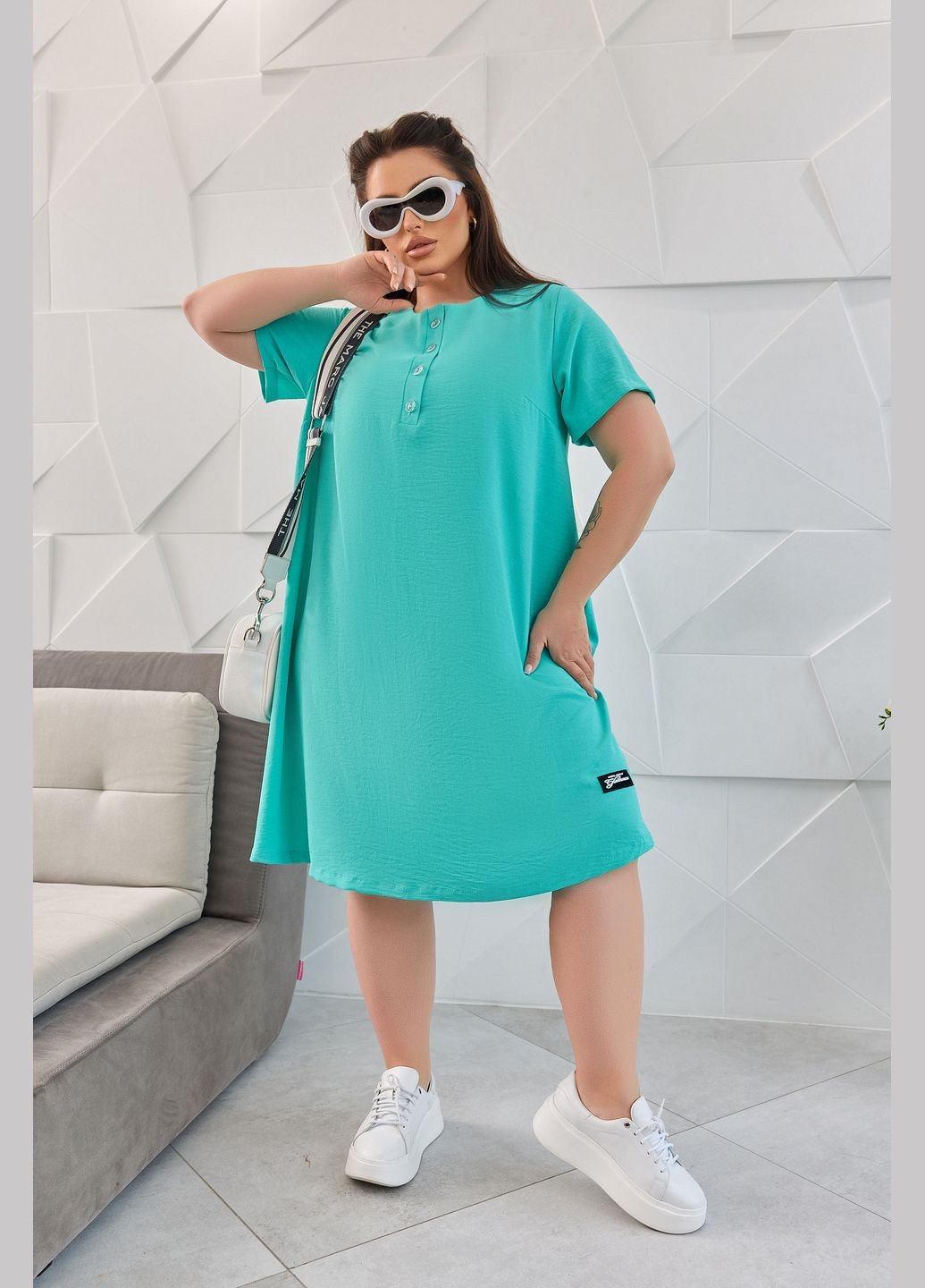 Бирюзовое повседневный платье свободного кроя платье-футболка No Brand однотонное