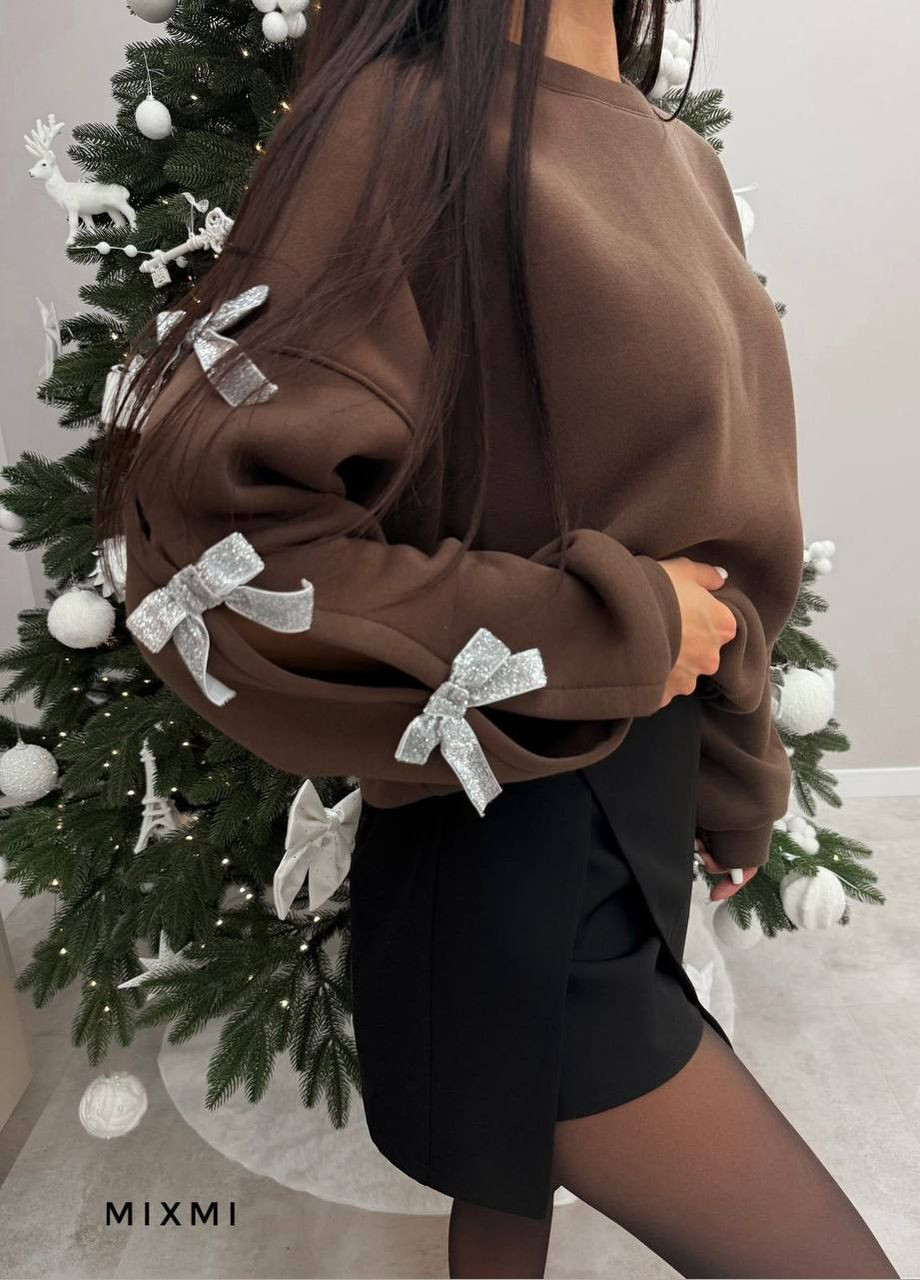 Коричневий світшот жіночій на флісі бант (319321185)