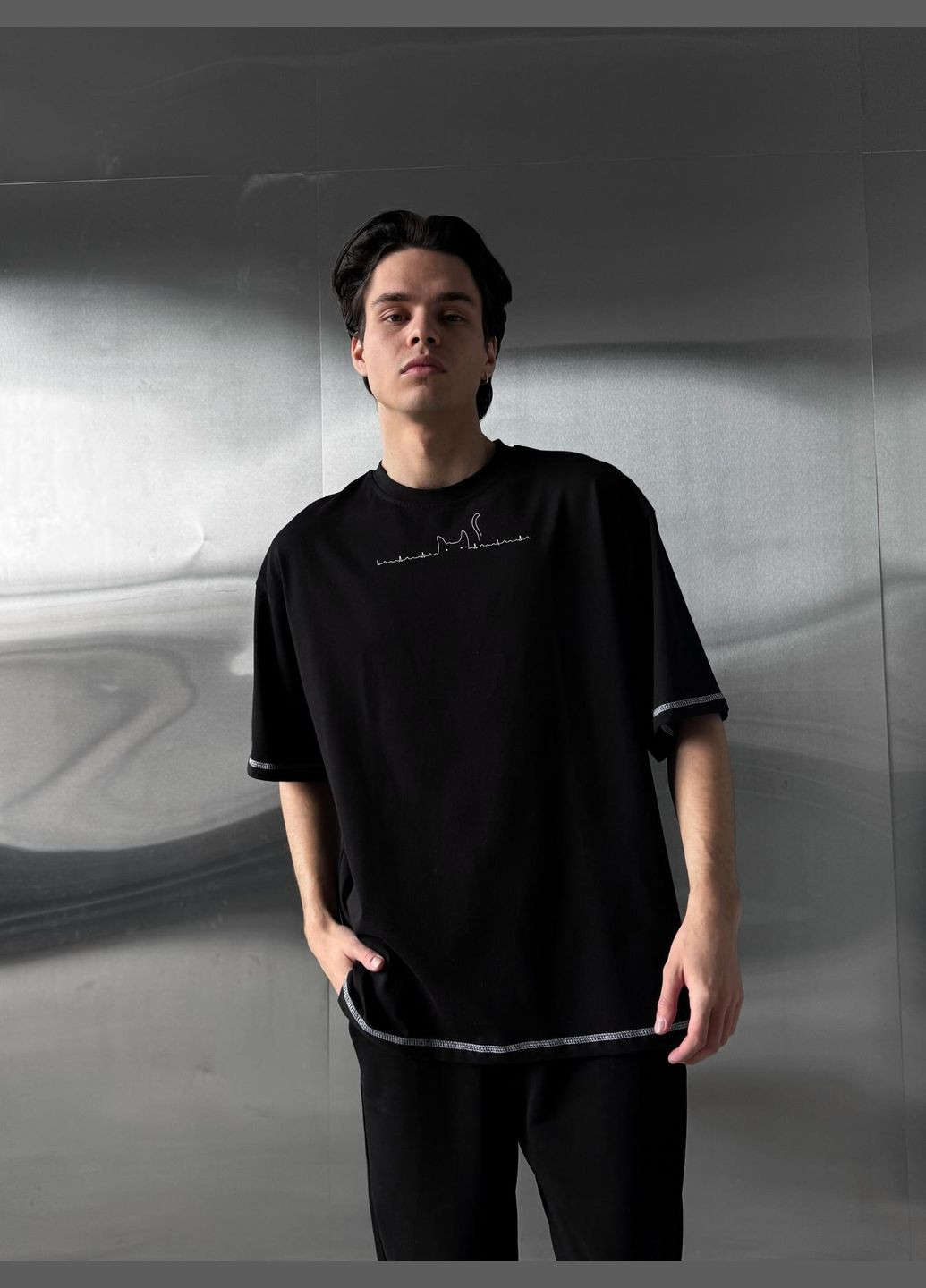 Черная оверсайз футболка cat No Brand