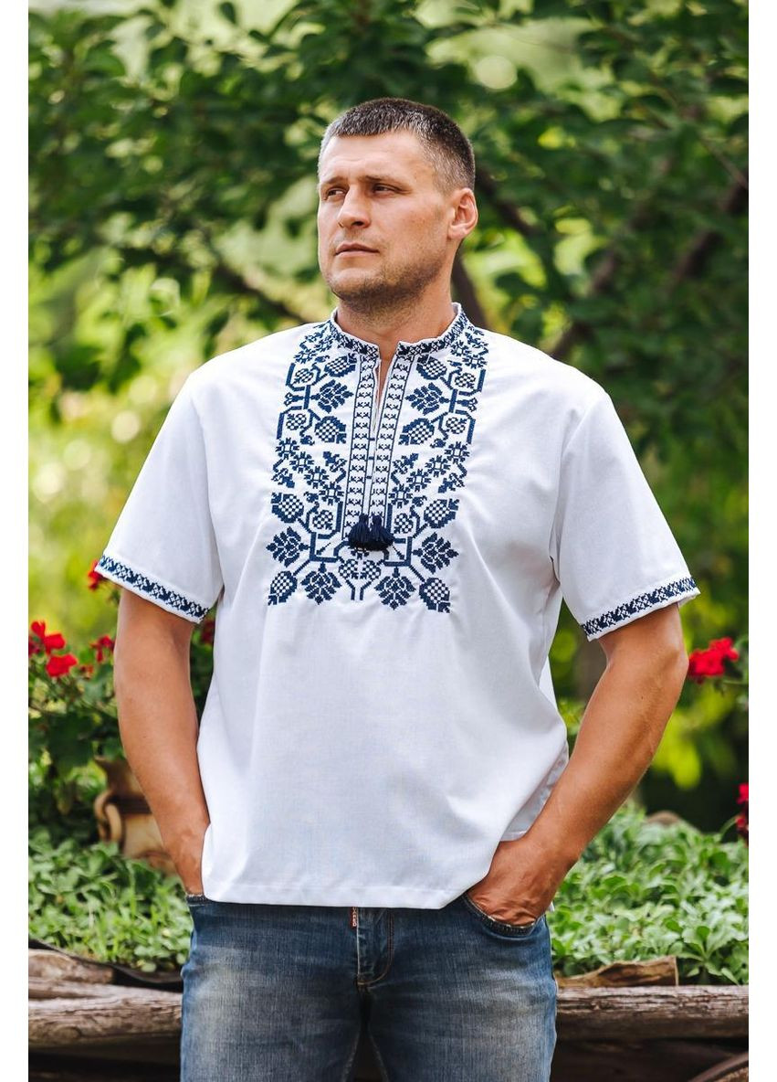 Белая белая мужская вышиванка с темно-синим геометрическим орнаментом короткий рукав m–5xl, m лен (299924791)