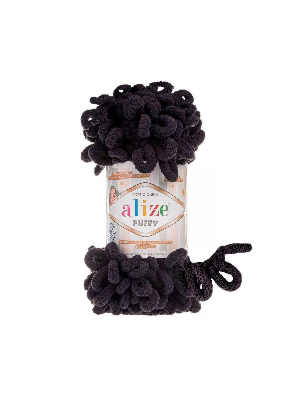 Пряжа для в'язання пальцями велюрова плюшева крупні петлі PUFFY Пуффі № 1060 - чорний Alize (365829833)